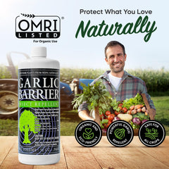 Garlic Barrier label detail highlights OMRI status for organic use.
