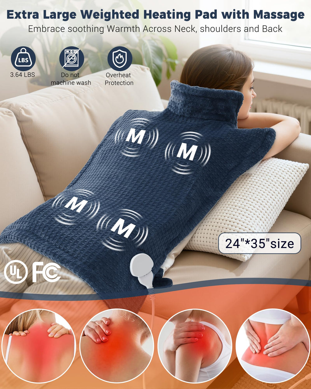 GarveeHome heating pad showing eight massage combinations for customization.