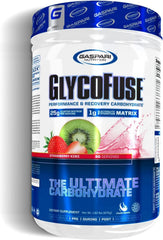 Gaspari Glycofuse tub front with Strawberry Kiwi label for sustained energy during workouts.