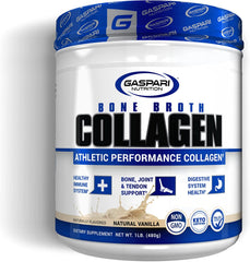 Gaspari Nutrition Bone Broth Collagen bottle showcases natural vanilla flavor for daily protein support.