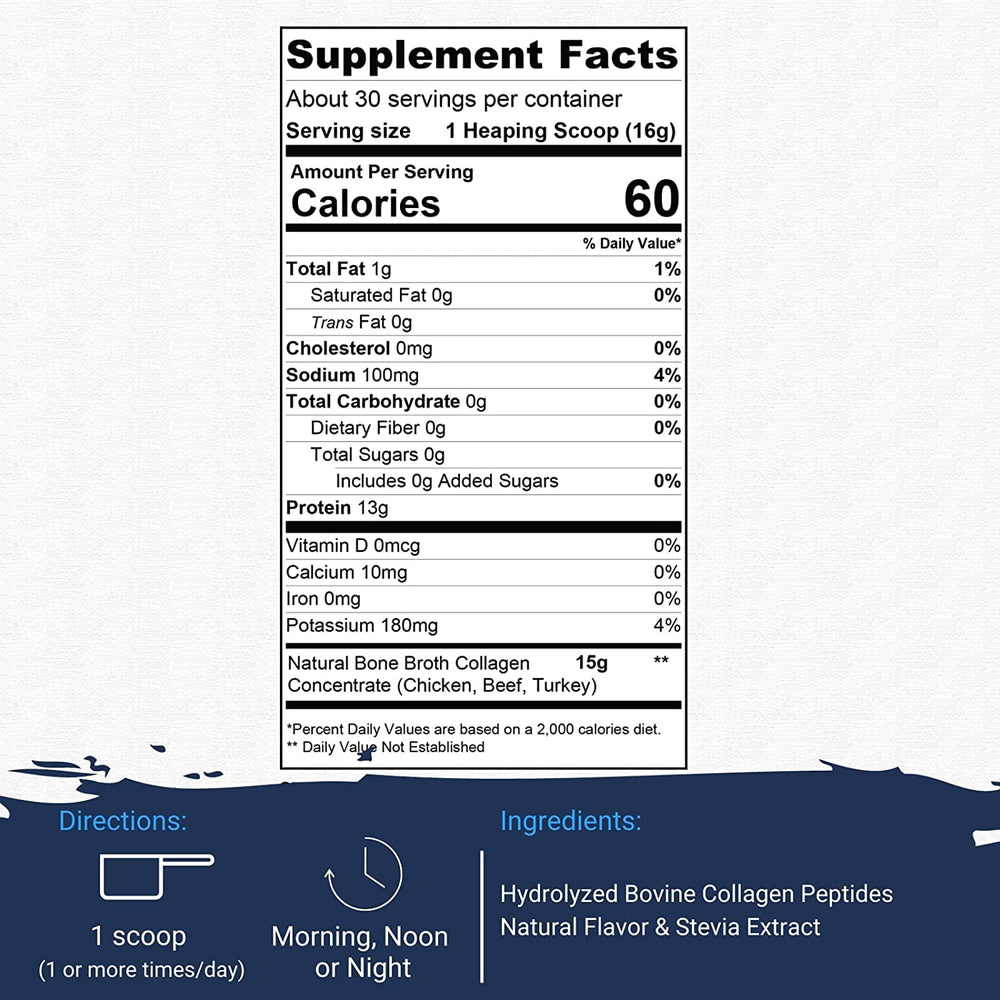 Gaspari Nutrition Bone Broth Collagen powder scoop highlights convenient 13 g protein per serving.