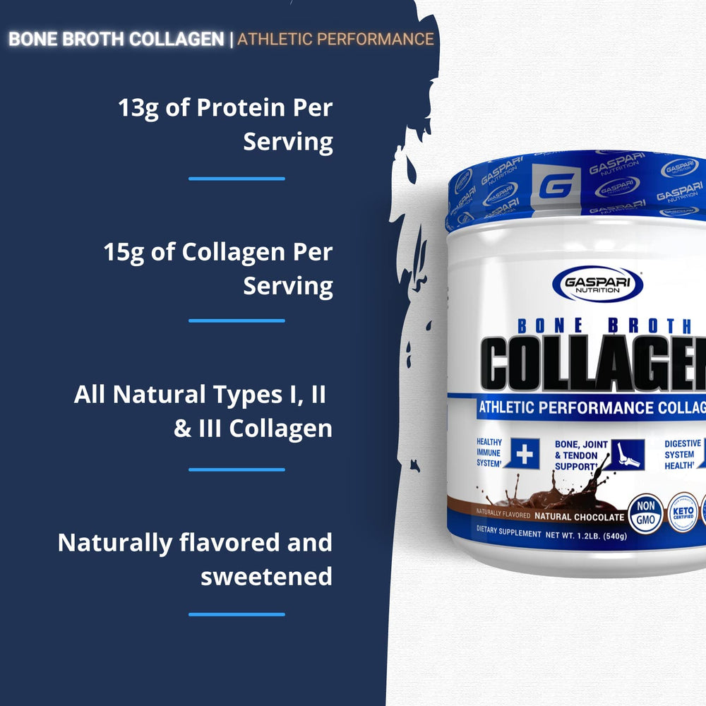 Gaspari Nutrition Bone Broth pour aids post-workout hydration with rich flavor.