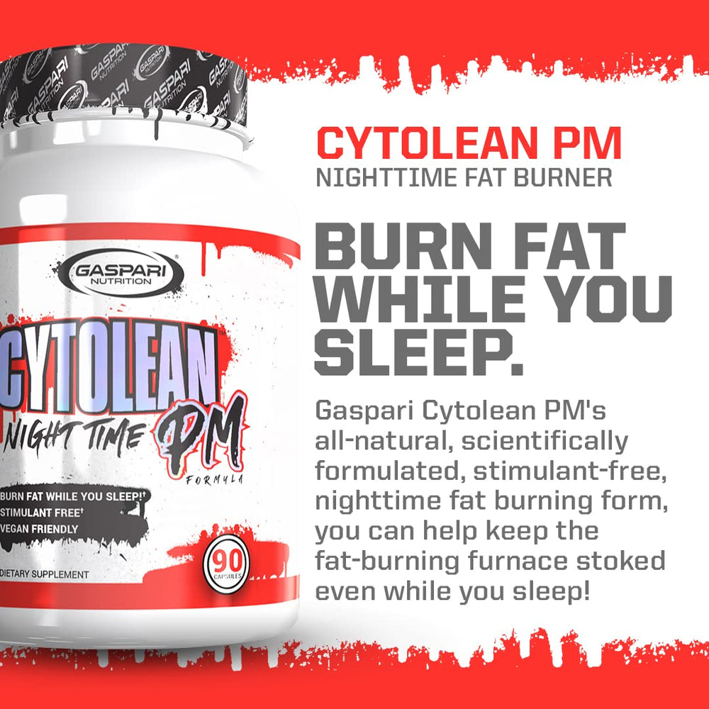 Gaspari Nutrition Cytolean PM capsules closeup emphasizes vegan capsules for night use.