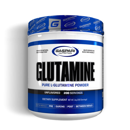 Gaspari Nutrition Glutamine powder in unflavored form, ideal for post-workout recovery.