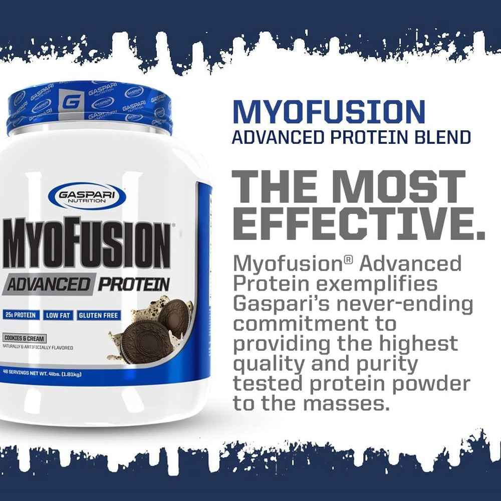 Gaspari Nutrition Myofusion label closeup confirms gluten-free, low-fat protein option