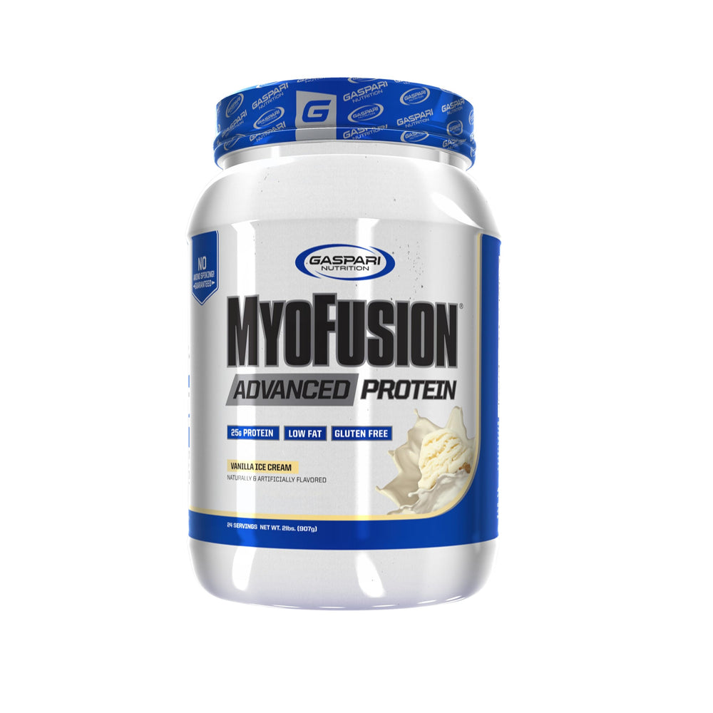 Gaspari Myofusion Vanilla Ice Cream bottle showing premium protein blend for post-workout fueling