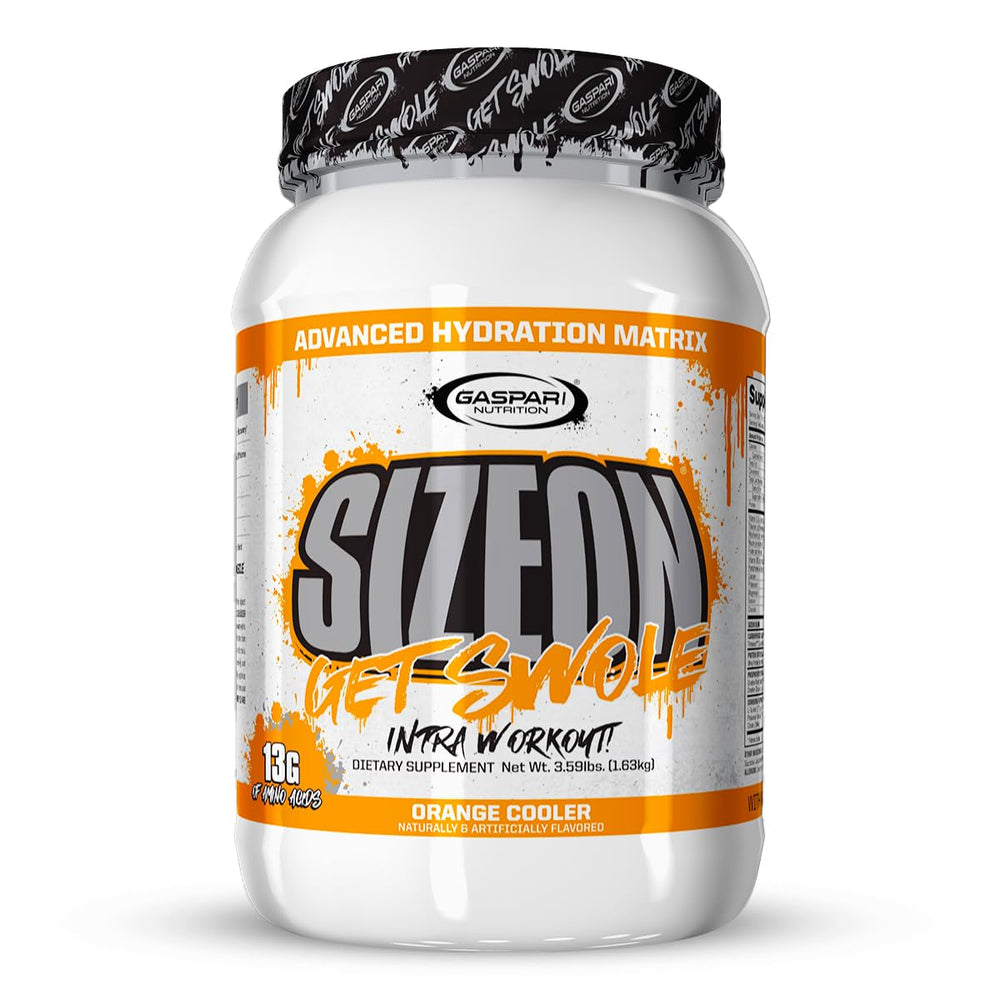 Gaspari Nutrition SizeOn orange cooler tub shows post-workout recovery formula.