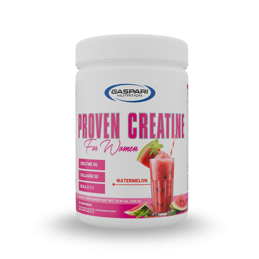 Gaspari Proven Creatine for Women bottle shows a clean, workout-focused formula.