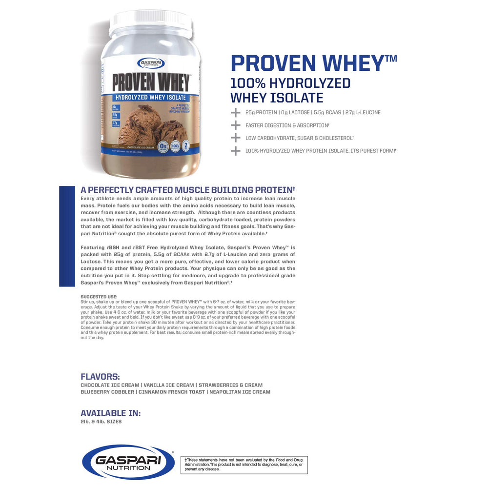 Gaspari Proven Whey hydrolyzed isolate label close-up shows RBST-free protein