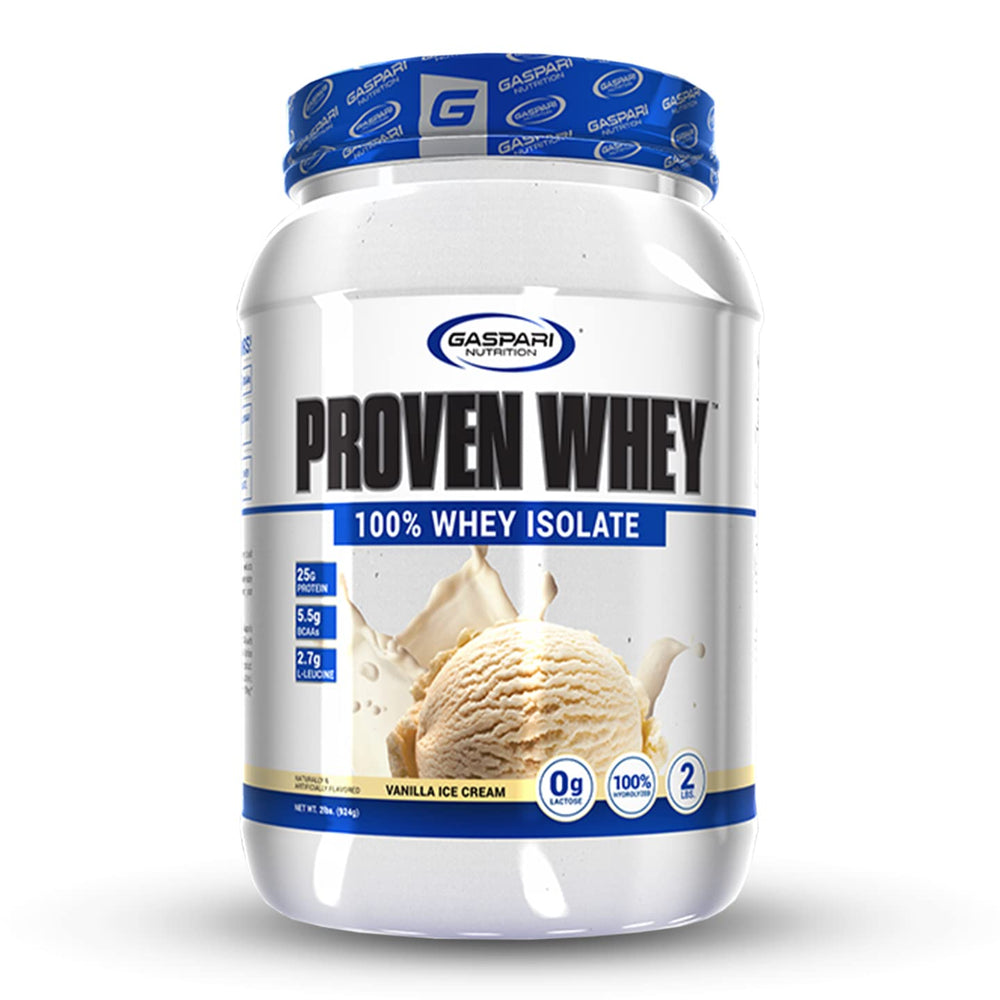 Gaspari Proven Whey tub front with vanilla flavor for lean muscle support.