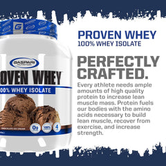 Gaspari Proven Whey tub side label highlighting hydrolyzed protein and lactose-free formula.