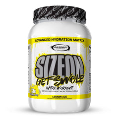 Gaspari SizeOn bottle label highlighting a hybrid intra-workout formula for enhanced training sessions.