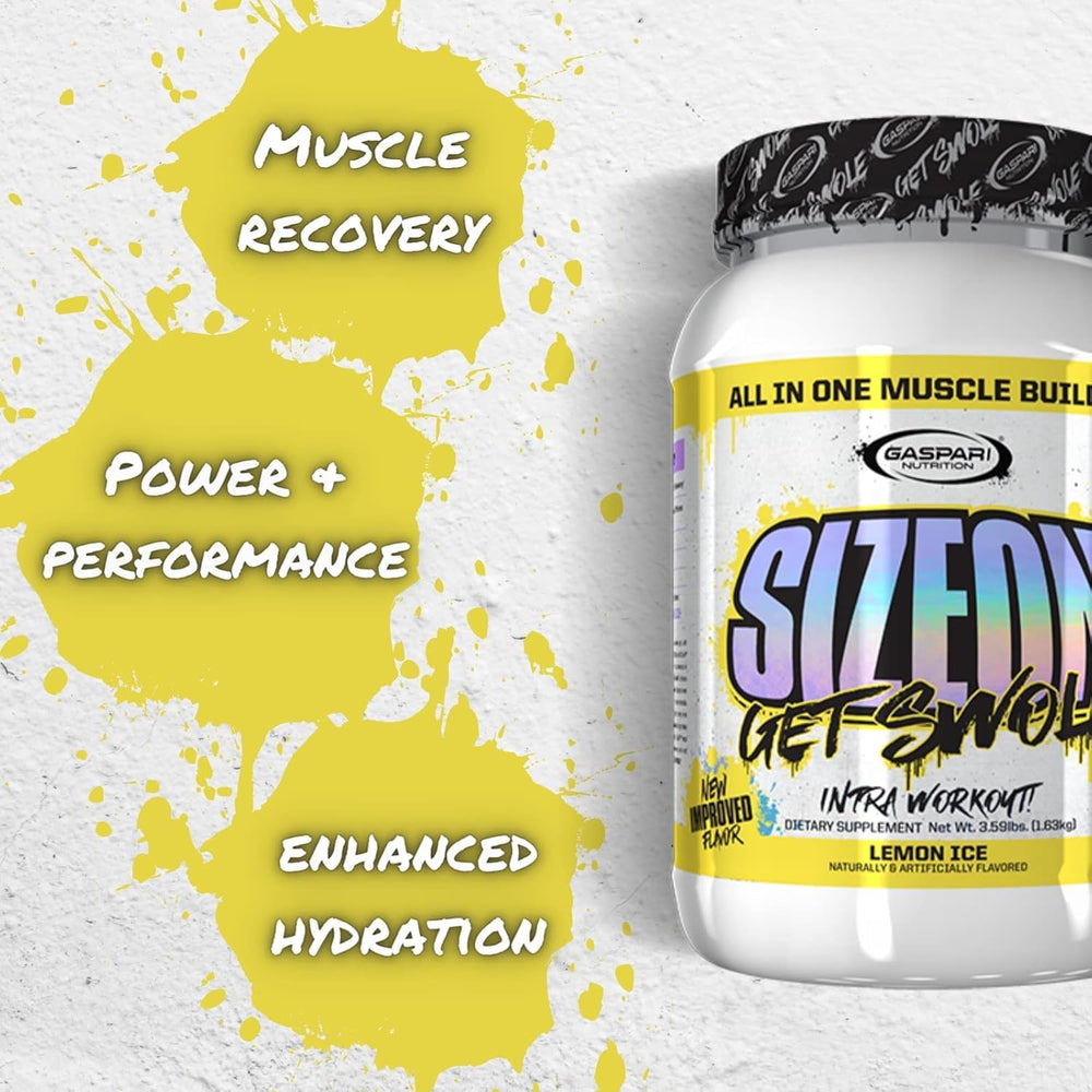 Gaspari SizeOn powder jar close-up emphasizing blend of amino acids and creatine.