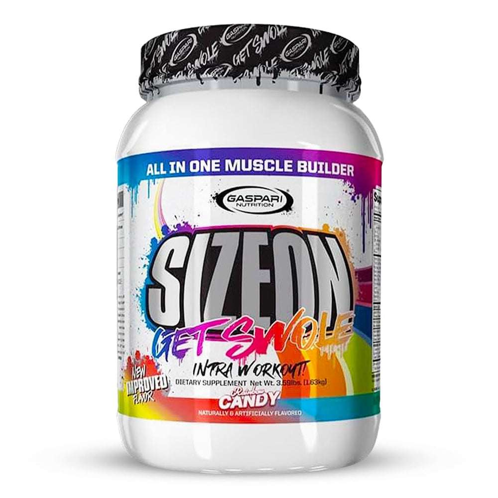 Gaspari SizeOn Rainbow Candy bottle view highlighting recovery-focused formula for workouts.