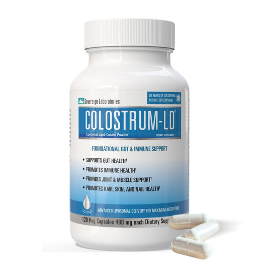 GastroDefense Colostrum-LD bottle front with capsules, ready for daily use.