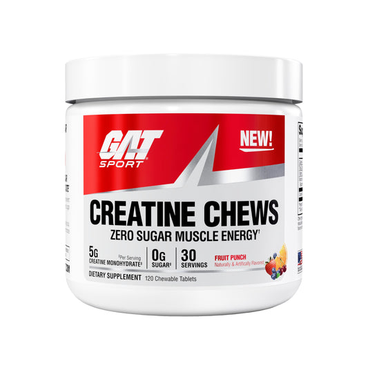 GAT SPORT Creatine Chews Fruit Punch packaging highlighting on-the-go training support