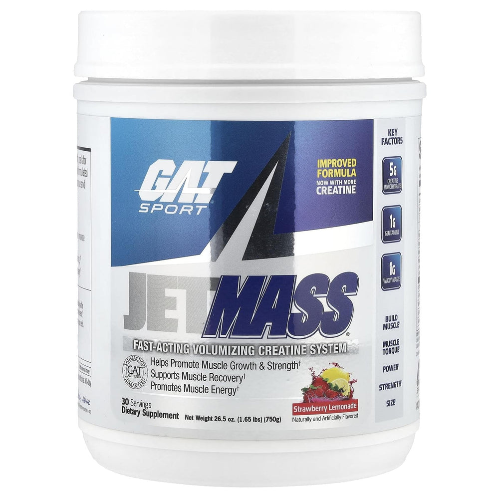 GAT SPORT JetMass Strawberry Lemonade bottle for post-workout volumization.
