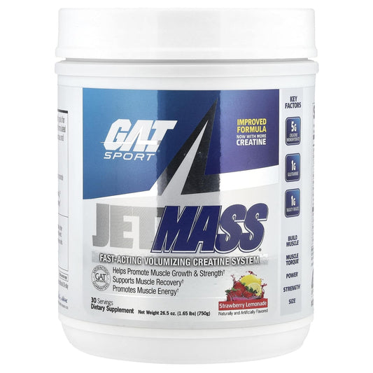 GAT SPORT JetMass Strawberry Lemonade bottle for post-workout volumization.