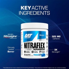 GAT SPORT Nitraflex blue raspberry powder in glass ready for energizing training