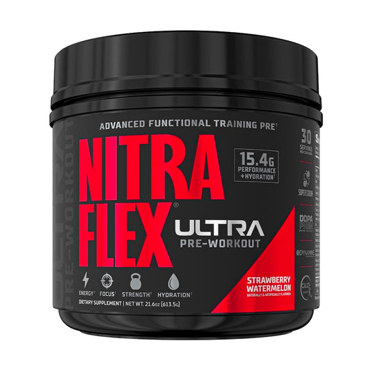 GAT SPORT Nitraflex Ultra tub label highlights a powerful pre-workout formula.