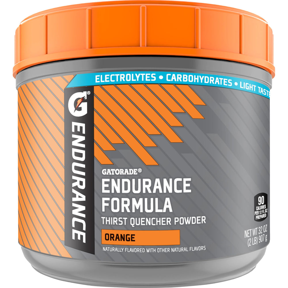 Gatorade Endurance Formula orange powder in a tub, ready for long training sessions.