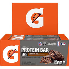 Pack shot of Gatorade Whey Protein Recover Bars chocolate chip highlighting convenient training fuel.