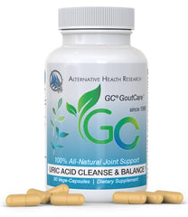 GC GoutCare bottle front with 90 capsules for uric acid support