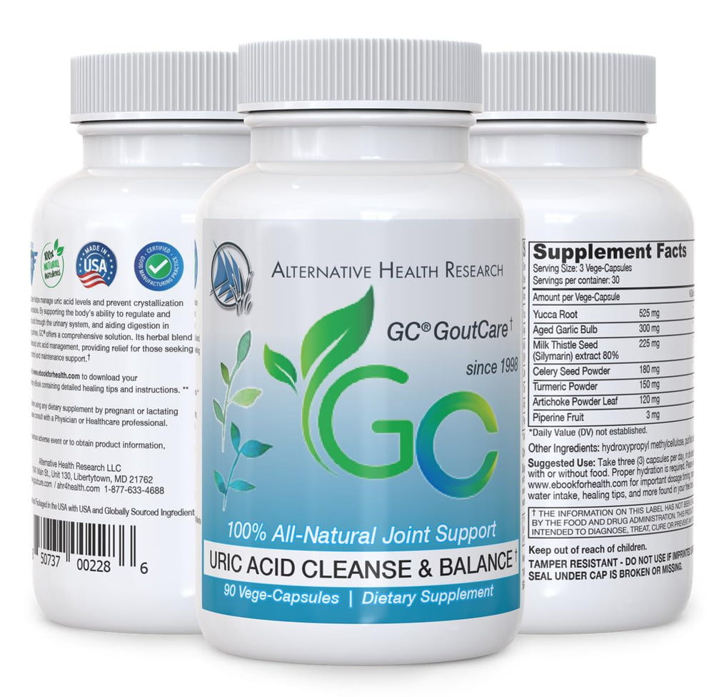 GC GoutCare label close-up featuring turmeric and celery seed ingredients