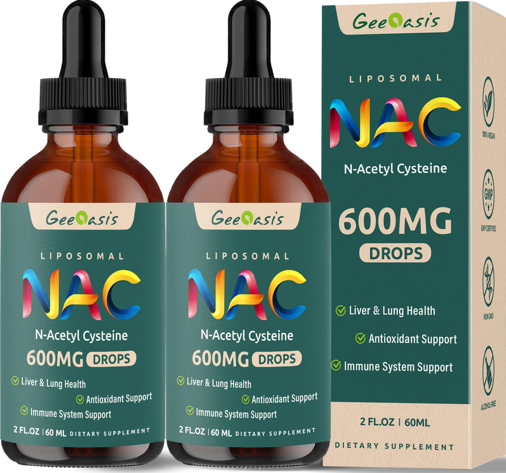Geeoasis NAC drops bottle shows label and flexible daily dosage for immune support.