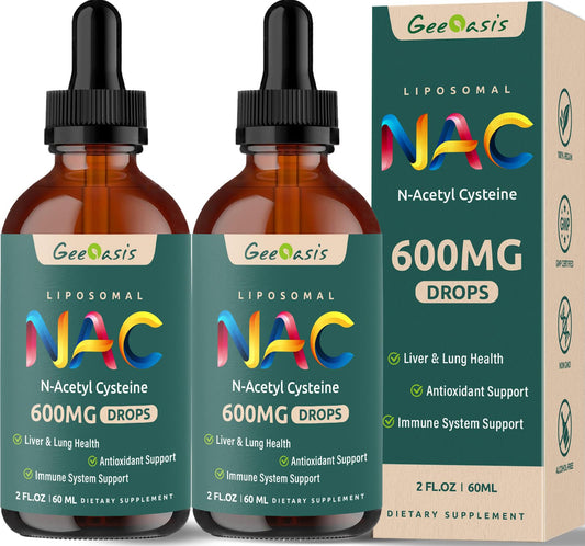 Geeoasis NAC drops bottle shows label and flexible daily dosage for immune support.