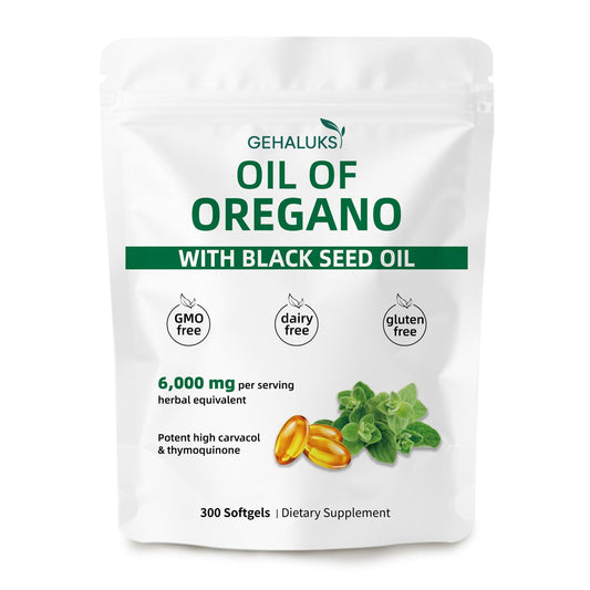GEHALUKS oil of oregano with black seed softgels bottle showing dual-ingredient formula for seasonal support