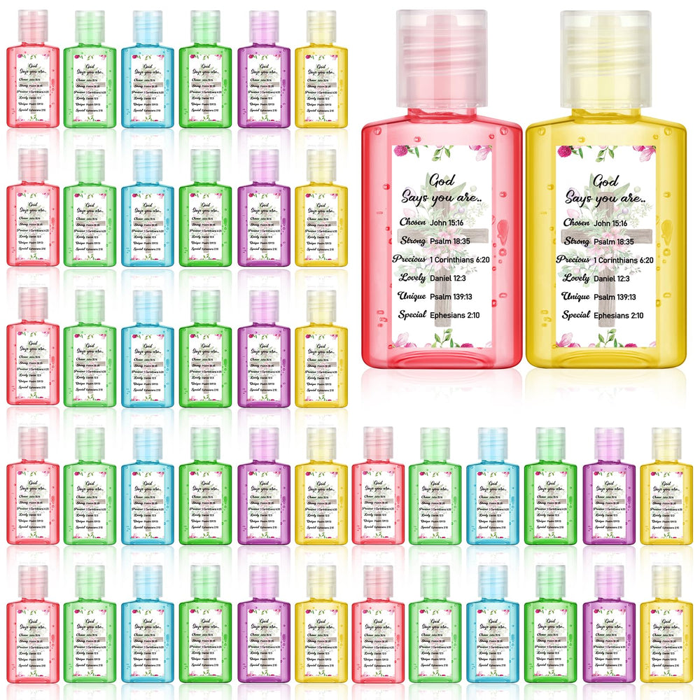 Gejoy Bible verse hand sanitizer with pink floral design, travel-friendly 1oz bottle
