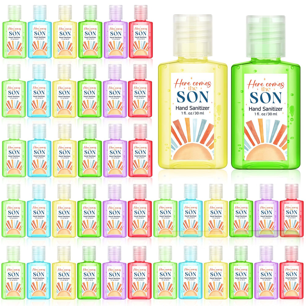 Gejoy Here Comes the Son sanitizer with sunshine pattern bottle adds festive touch to baby showers.