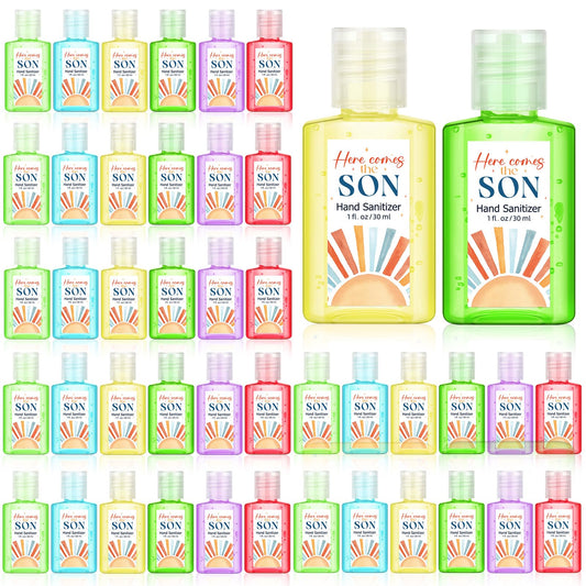 Gejoy Here Comes the Son sanitizer with sunshine pattern bottle adds festive touch to baby showers.