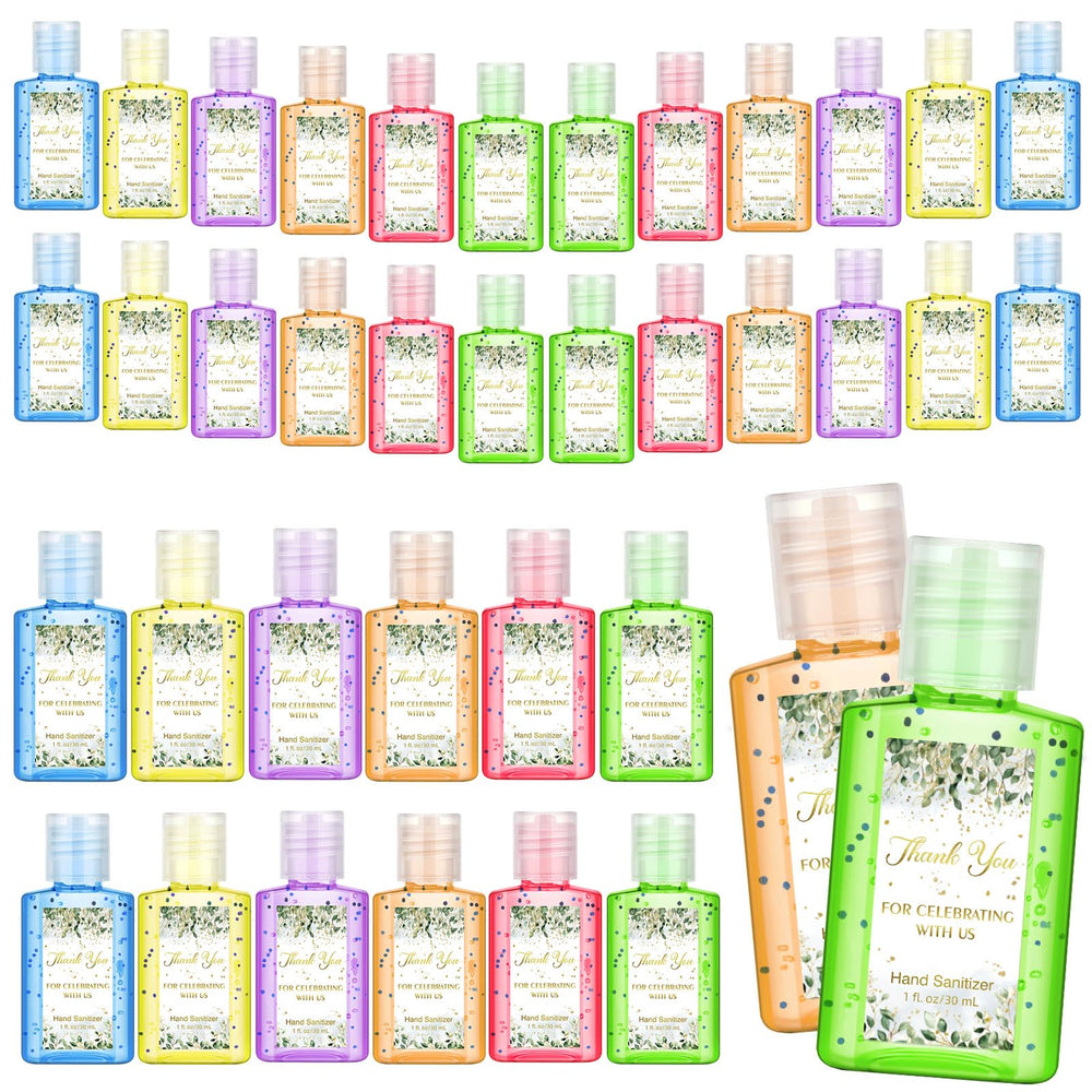 Gejoy Thank You hand sanitizer label close-up with eucalyptus sticker; ideal party keepsake.