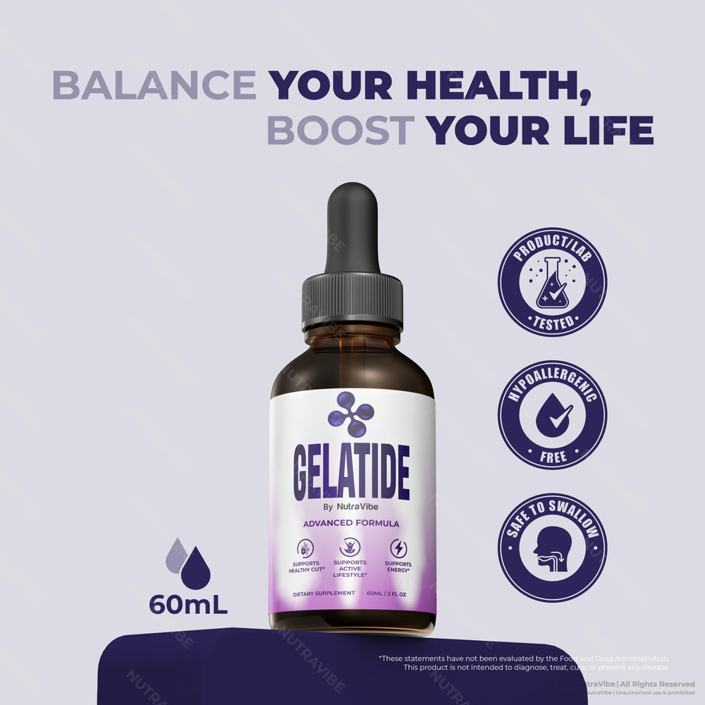 Gelatide Advanced Formula bottle emphasizing upgraded balance support