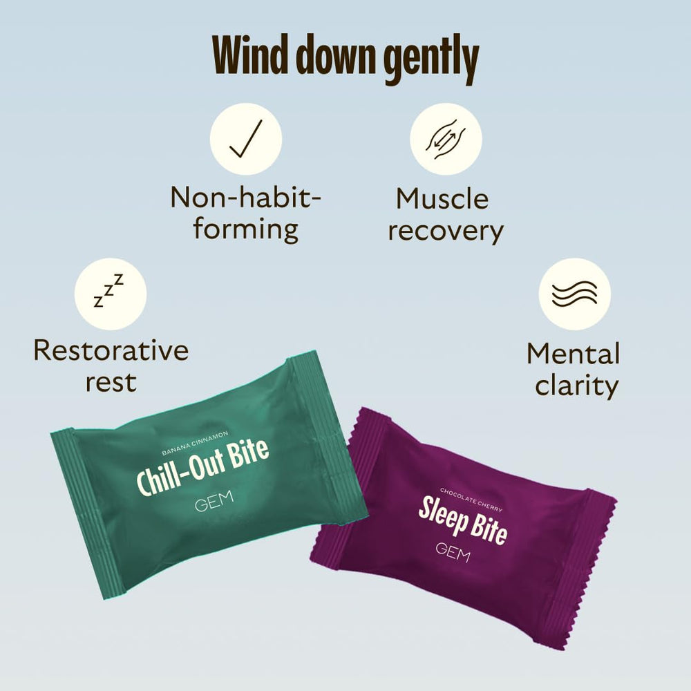 GEM Calm Bite bottle highlights magnesium blends for relaxation and balance.