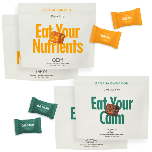 GEM Cognition Bundle daily bite bottle front shows plant-based bites for focus support.