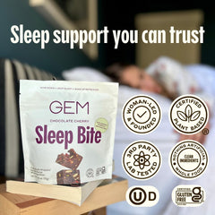 Serving size shown: one real food bite per night with GEM Sleep Aid.