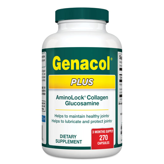 Genacol bottle with glucosamine and collagen 270 capsules for joint support.