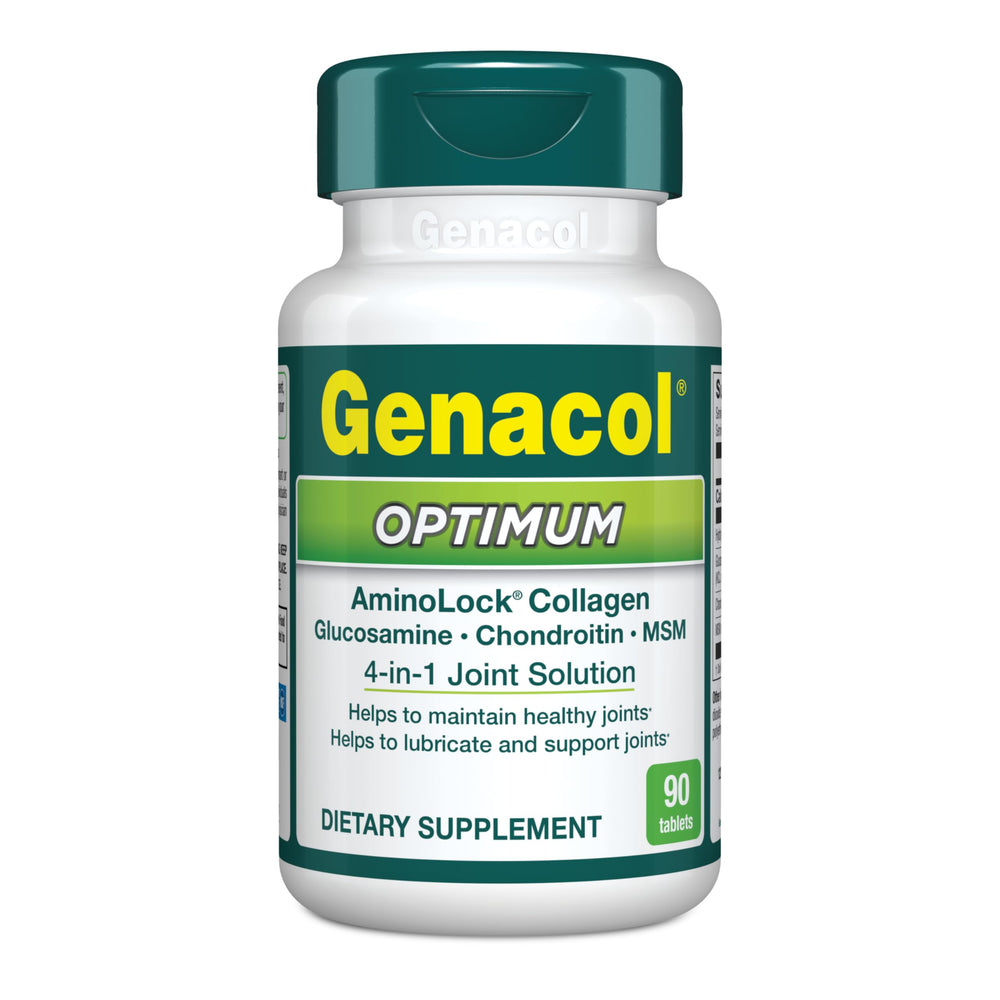 Genacol Optimum bottle and packaging shown for convenient joint care and mobility support.
