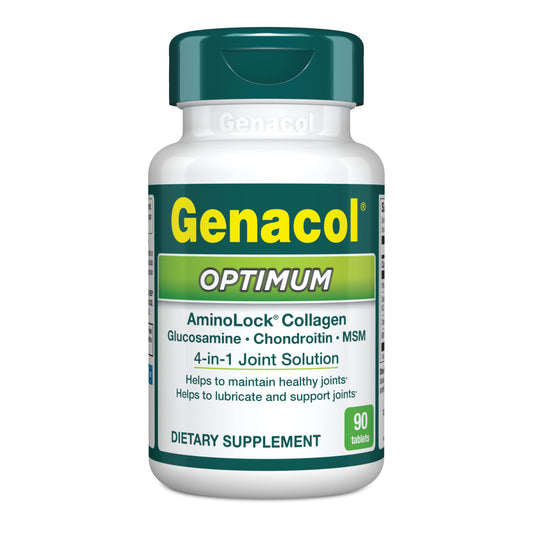 Genacol Optimum bottle and packaging shown for convenient joint care and mobility support.