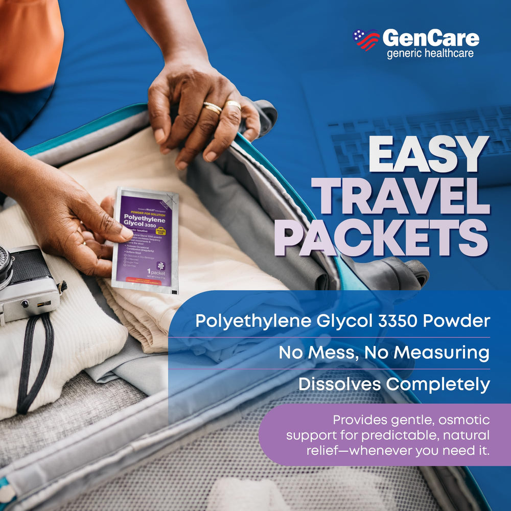 GenCare PEG 3350 powder dissolves completely in water or juice.