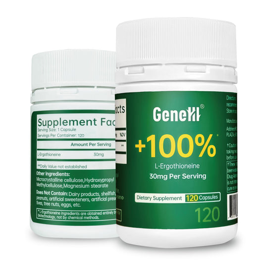 GENEIII L-Ergothioneine capsule bottle shows 30 mg capsules for potential antioxidant support.