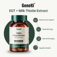 Close-up of ingredients showing high-purity ergothioneine and Milk Thistle label.