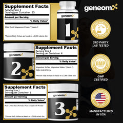 Geneomx USA-made, GMP-certified, third-party tested packaging badge.