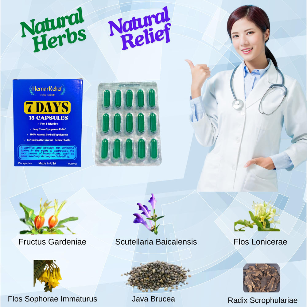 Generic 7Days hemorrhoid detox formula ingredient panel informs about natural components.