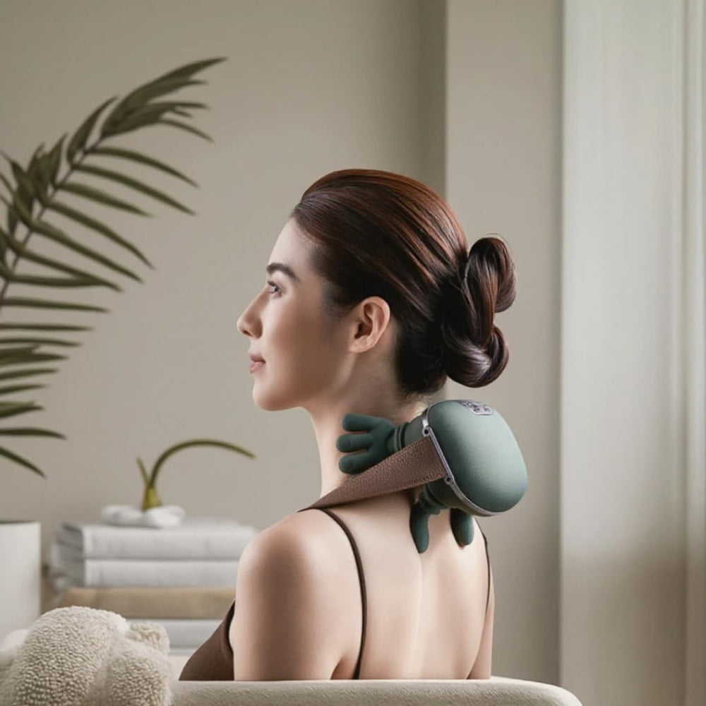 Generic massager adjustable strap demonstrates secure neck positioning.