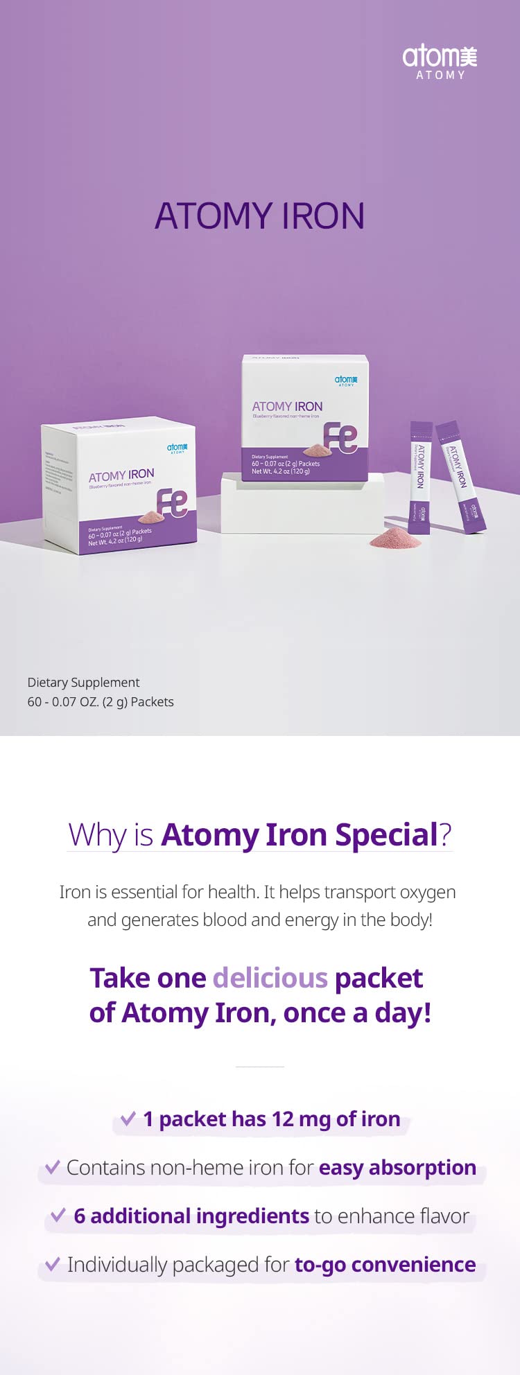 Generic A.T.O.M.Y. iron blueberry packaging back highlights non-GMO ingredients and flavor.