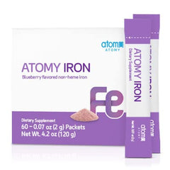 Generic A.T.O.M.Y. iron blueberry packaging front shows convenient non-heme iron for daily use.